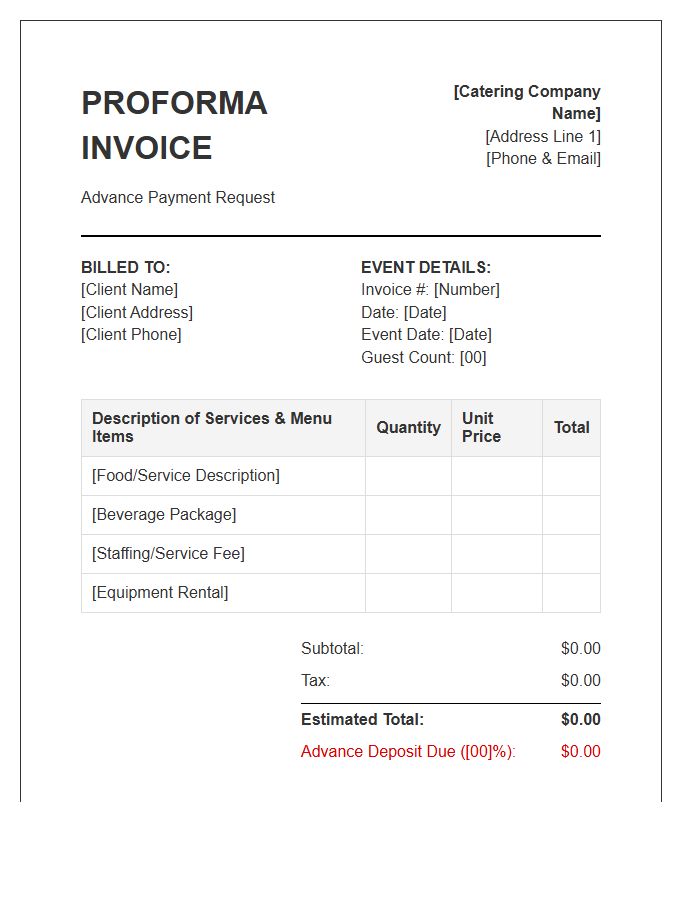 Catering Advance Payment Proforma Invoice Template