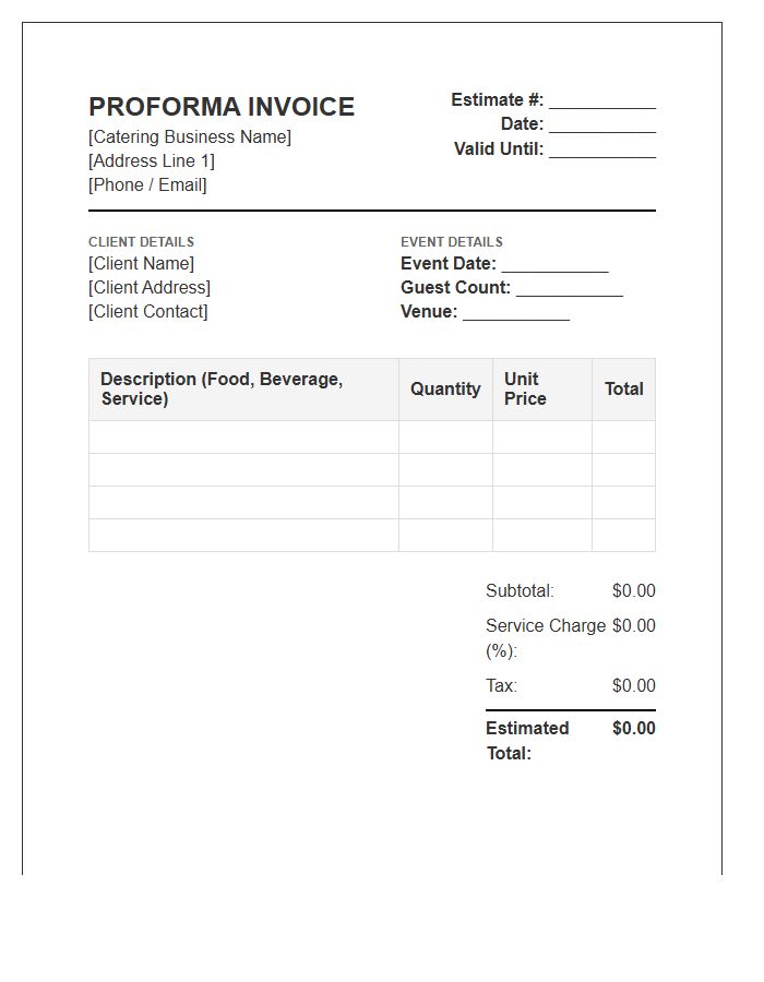 Catering Business Estimations Proforma Invoice Template