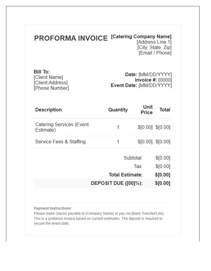 Catering Deposit Proforma Invoice Template