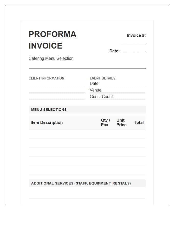 Catering Menu Selection Proforma Invoice Template