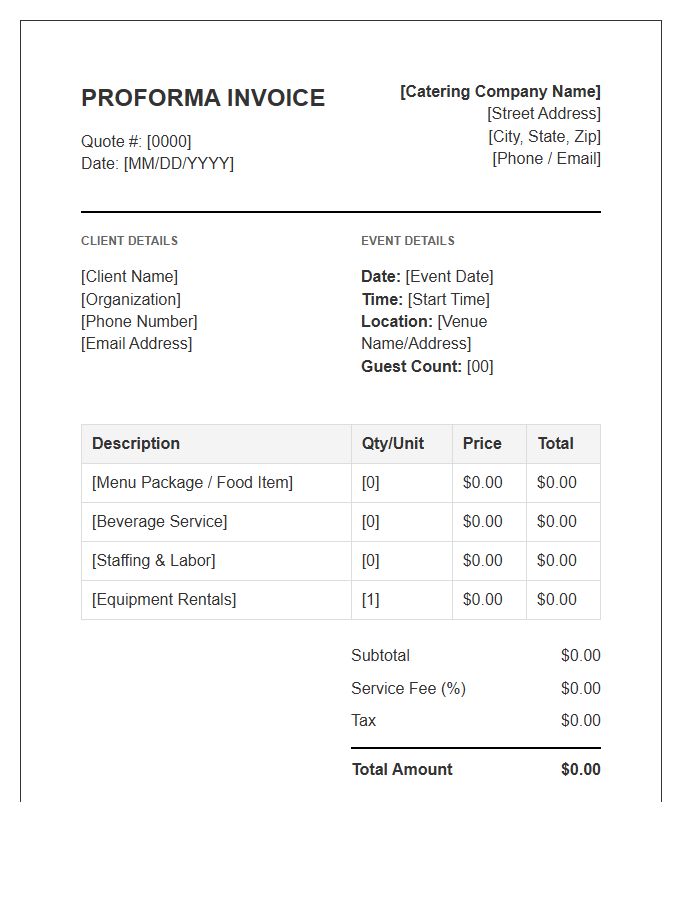 Catering Quote Proforma Invoice Template
