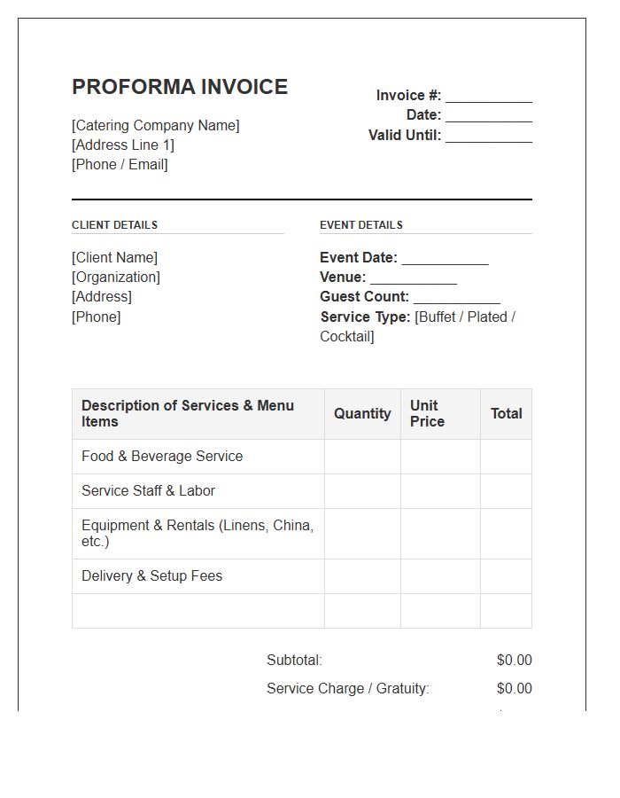 Full Service Catering Proforma Invoice Template