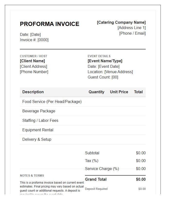 Party Catering Proforma Invoice Template
