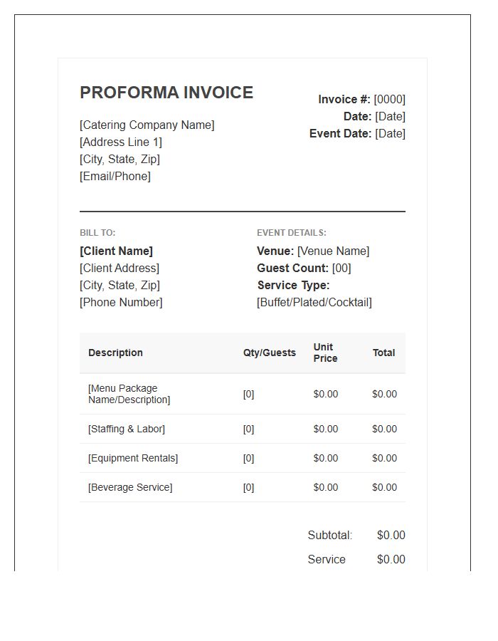 Professional Catering Proforma Invoice Template