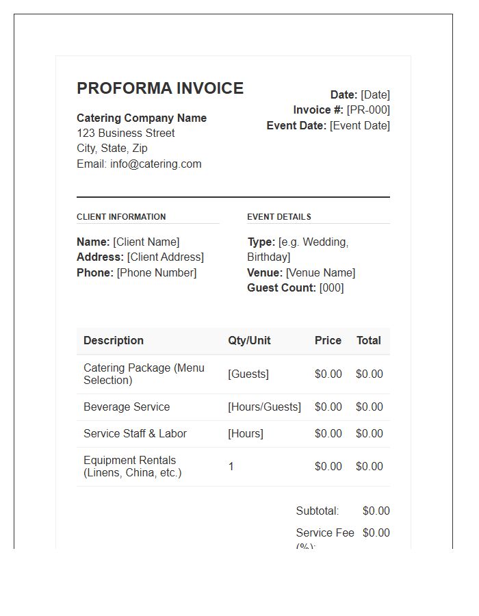 Social Event Catering Proforma Invoice Template