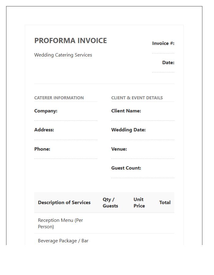 Wedding Catering Proforma Invoice Template