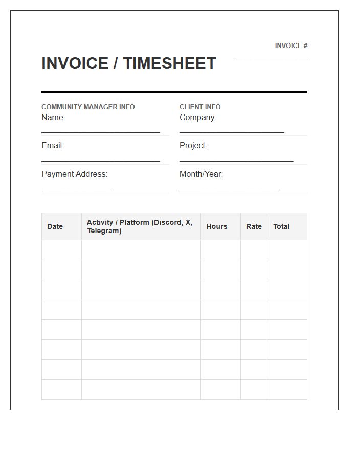 Community Manager Monthly Tracking Timesheet Invoice Template