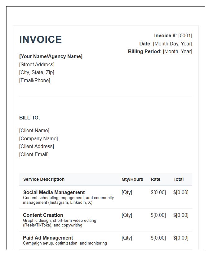 Comprehensive Social Media Specialist Monthly Invoice Template