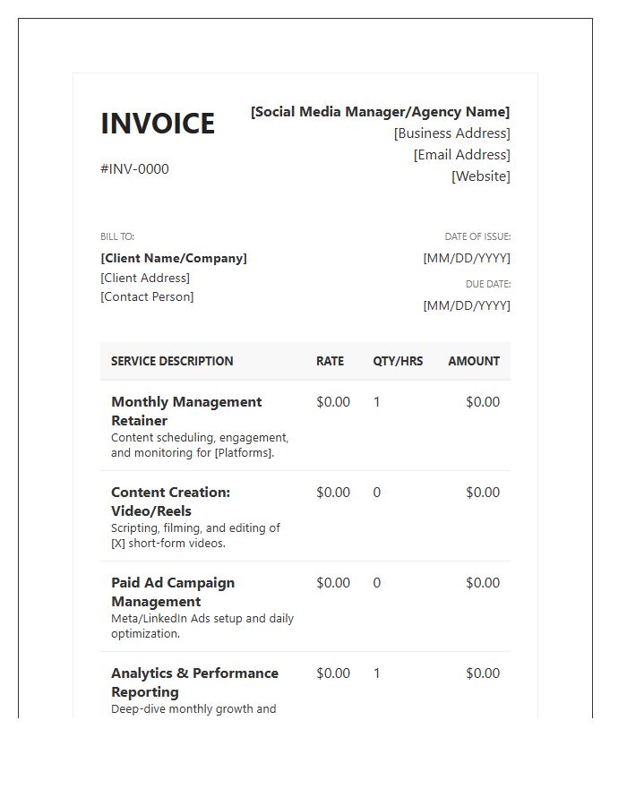 Detailed Social Media Manager Billing Invoice Template
