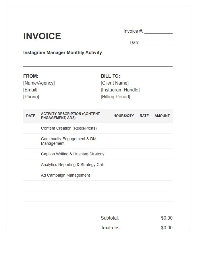 Instagram Manager Monthly Activity Timesheet Invoice Template