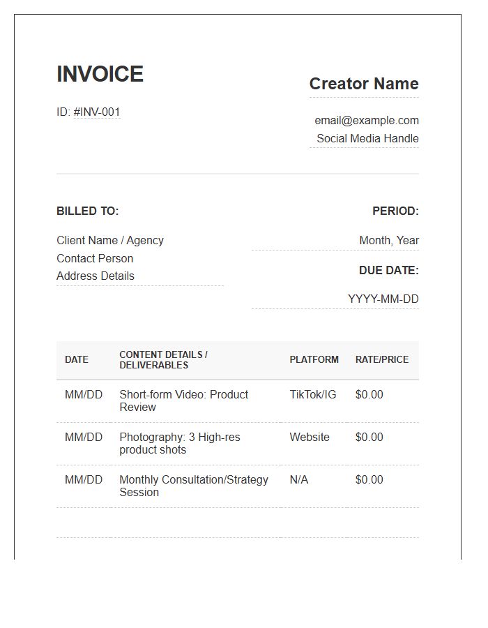 Monthly Content Creator Work Log Invoice Template