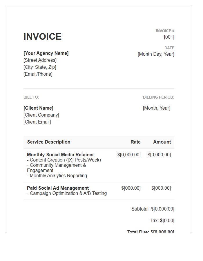 Monthly Retainer Social Media Services Invoice Template