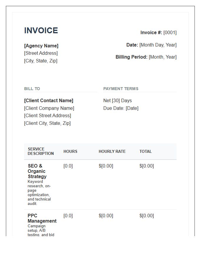 Professional Digital Marketing Monthly Hours Invoice Template