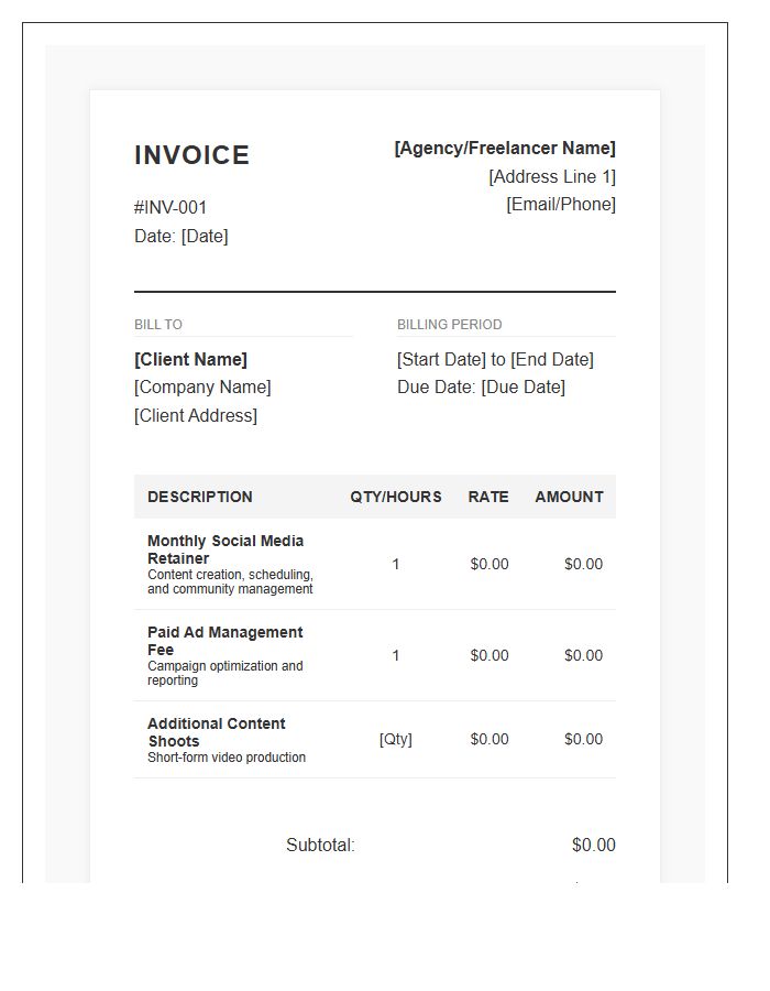 Professional Social Media Retainer Billing Invoice Template