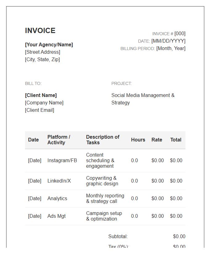 Recurring Social Media Management Timesheet Invoice Template