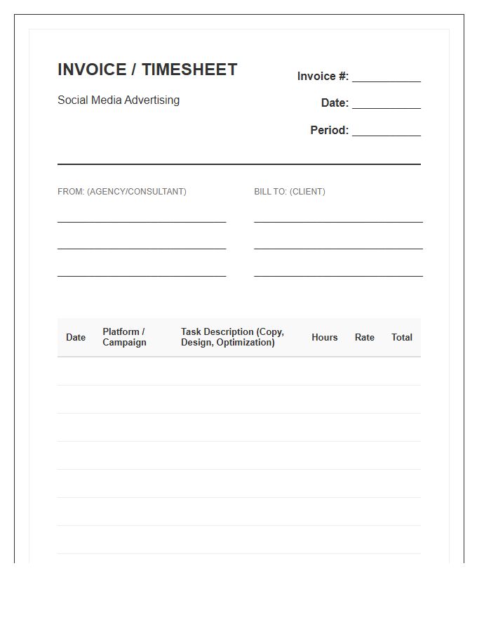 Social Media Advertising Monthly Timesheet Invoice Template