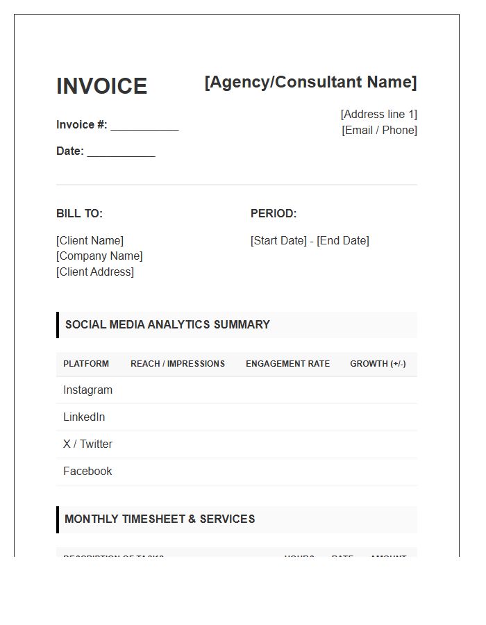 Social Media Analytics And Monthly Timesheet Invoice Template