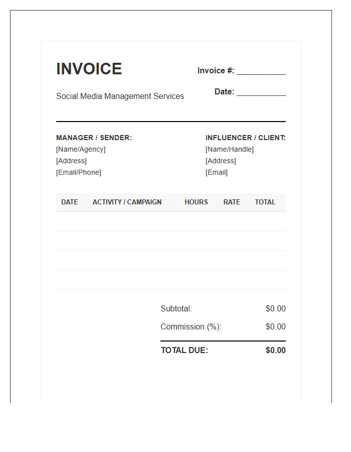 Social Media Influencer Manager Timesheet Invoice Template