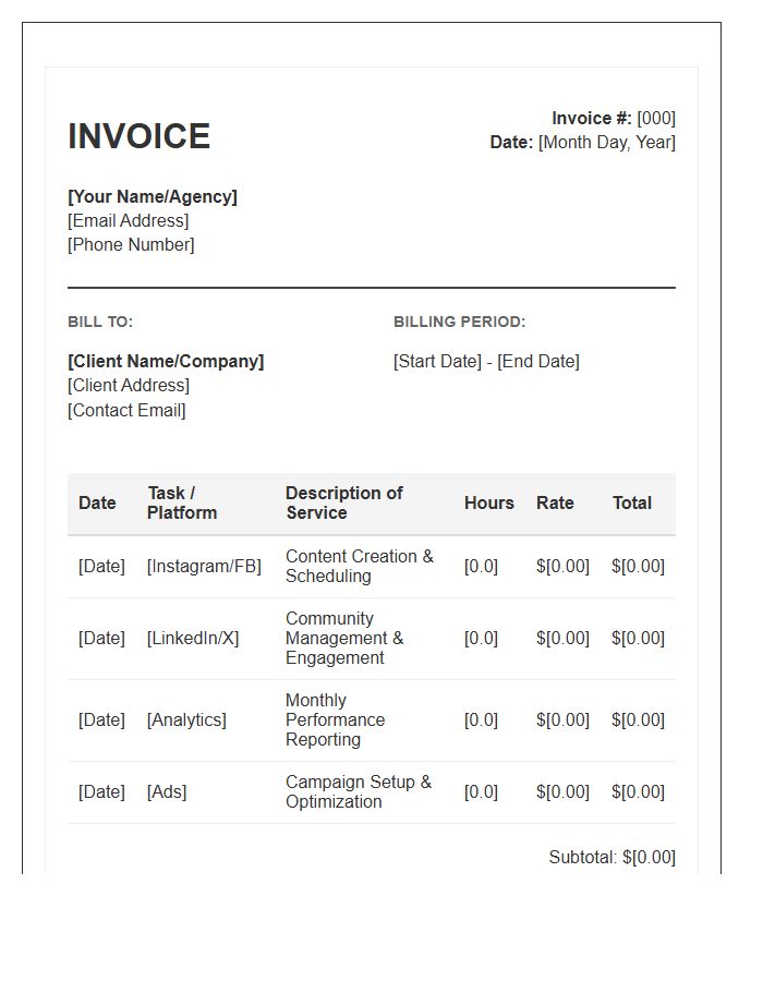 Social Media Manager Monthly Timesheet Invoice Template