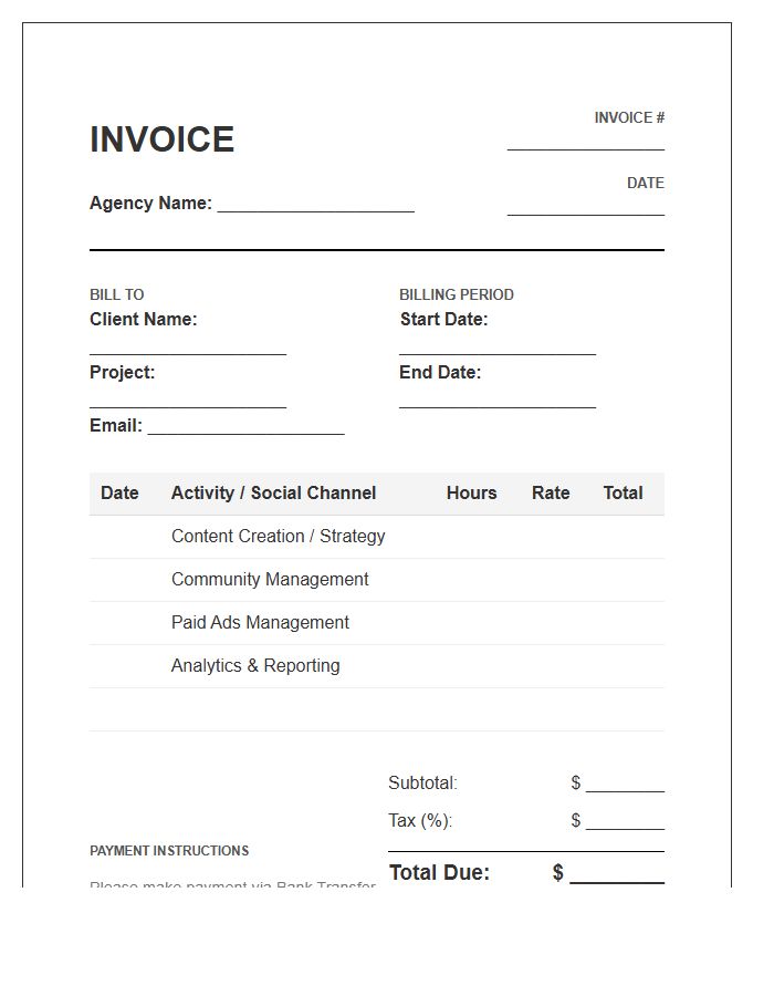 Social Media Marketing Agency Timesheet Invoice Template