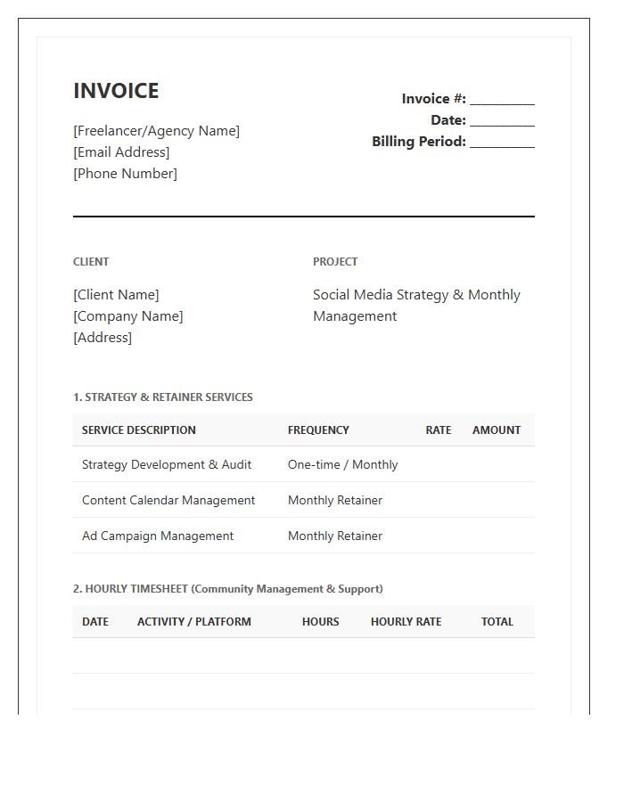 Social Media Strategy And Monthly Timesheet Invoice Template