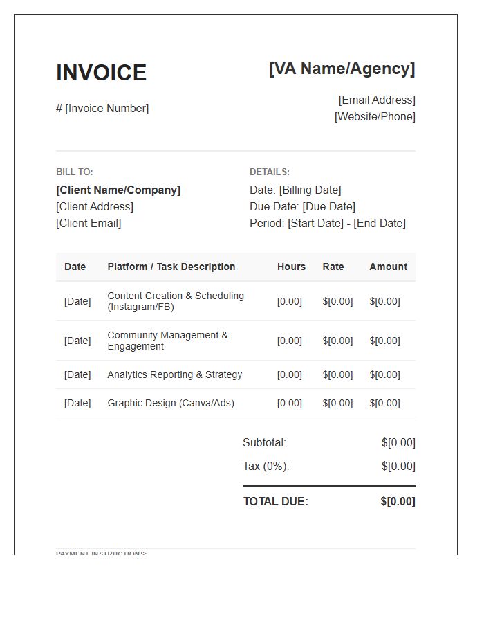 Virtual Assistant Social Media Timesheet Invoice Template