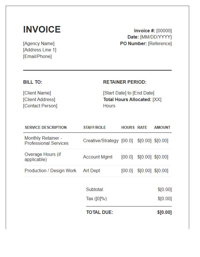 Advertising Agency Billable Hours Retainer Invoice Template
