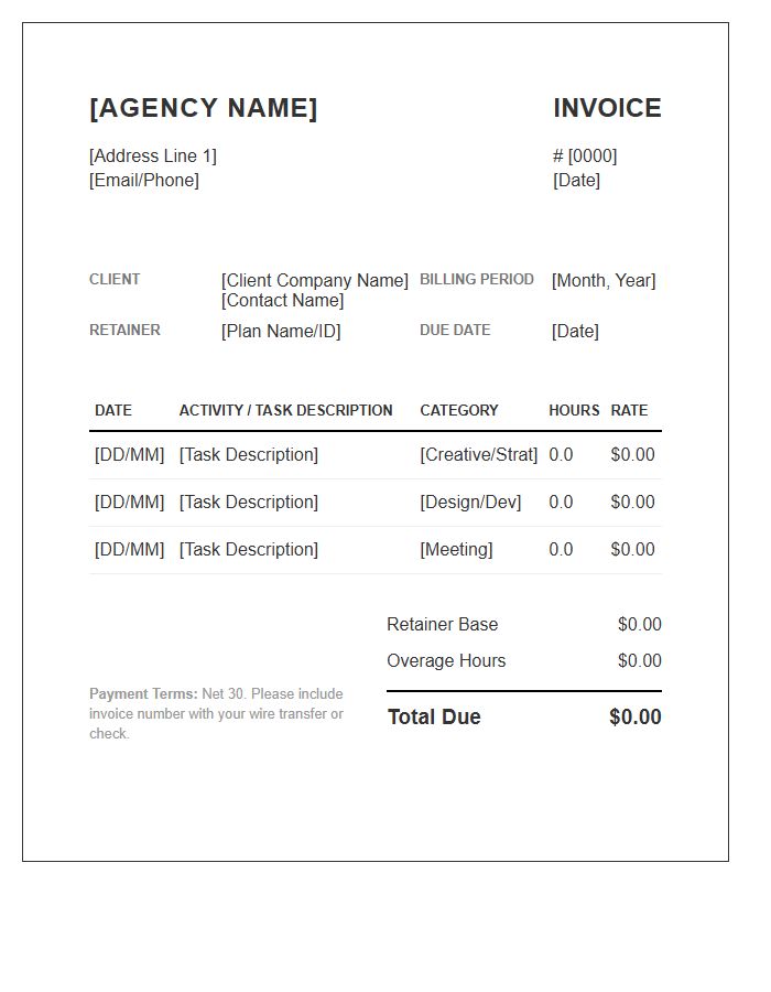 Branding Agency Monthly Retainer Timesheet Invoice Template