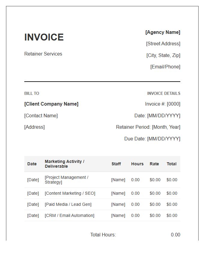 Business To Business Marketing Retainer Timesheet Invoice Template