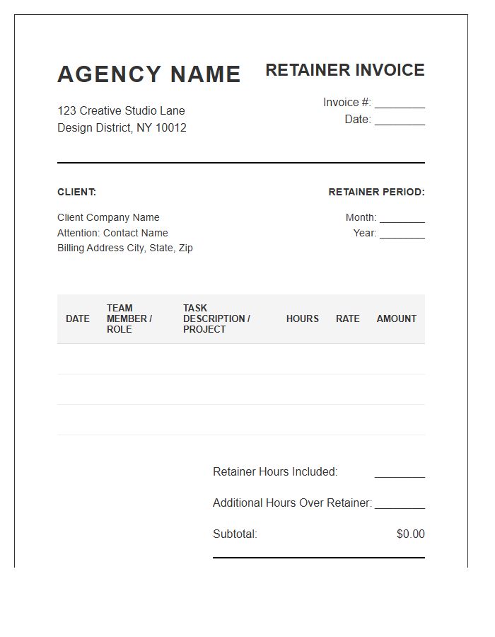 Creative Agency Monthly Timesheet Retainer Invoice Template