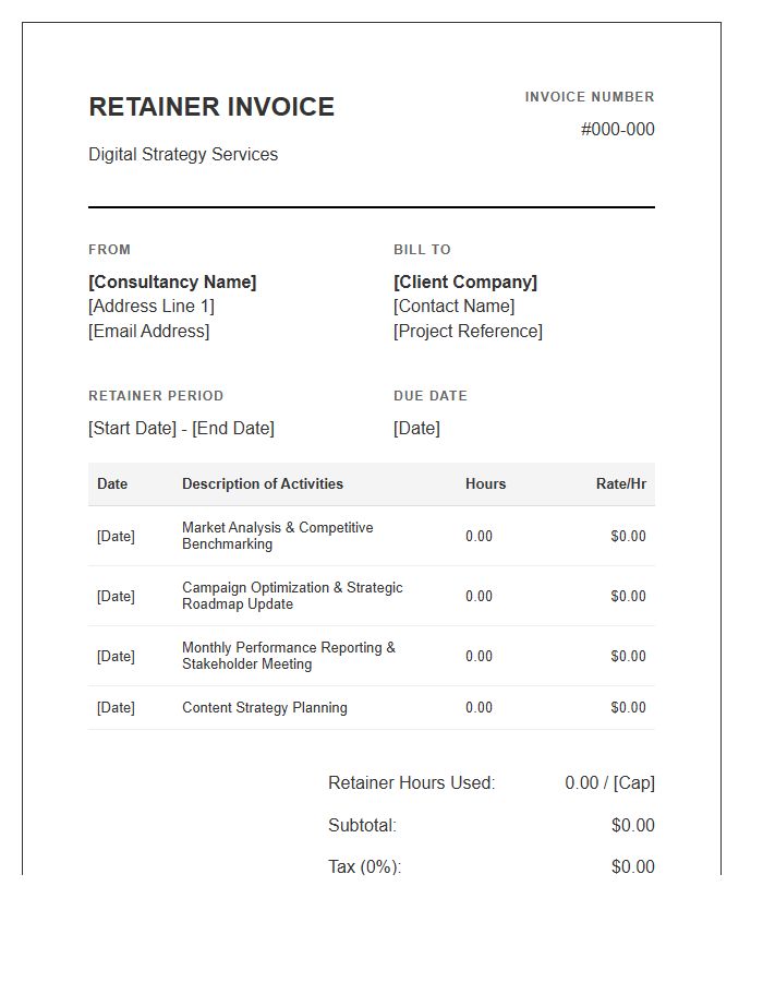 Digital Strategy Retainer Timesheet Invoice Template