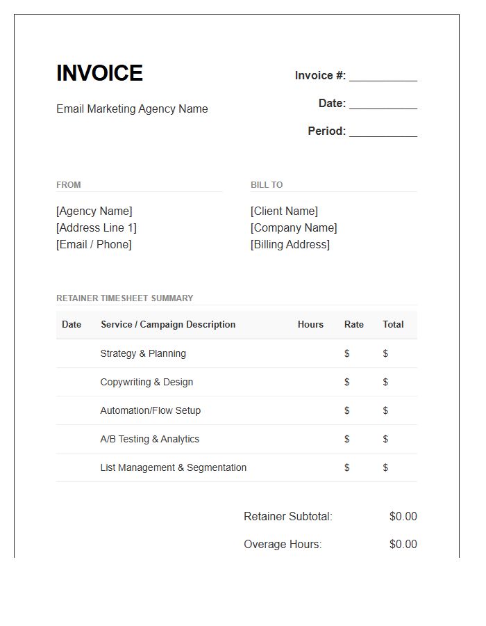 Email Marketing Agency Retainer Timesheet Invoice Template