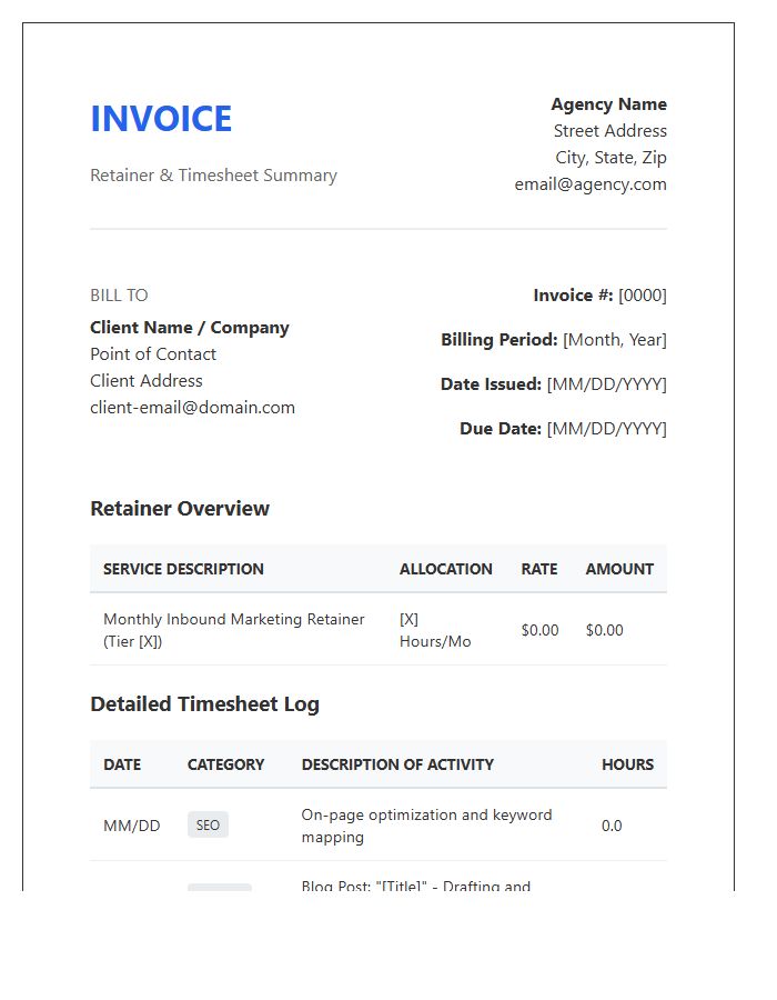 Inbound Marketing Agency Retainer Timesheet Invoice Template