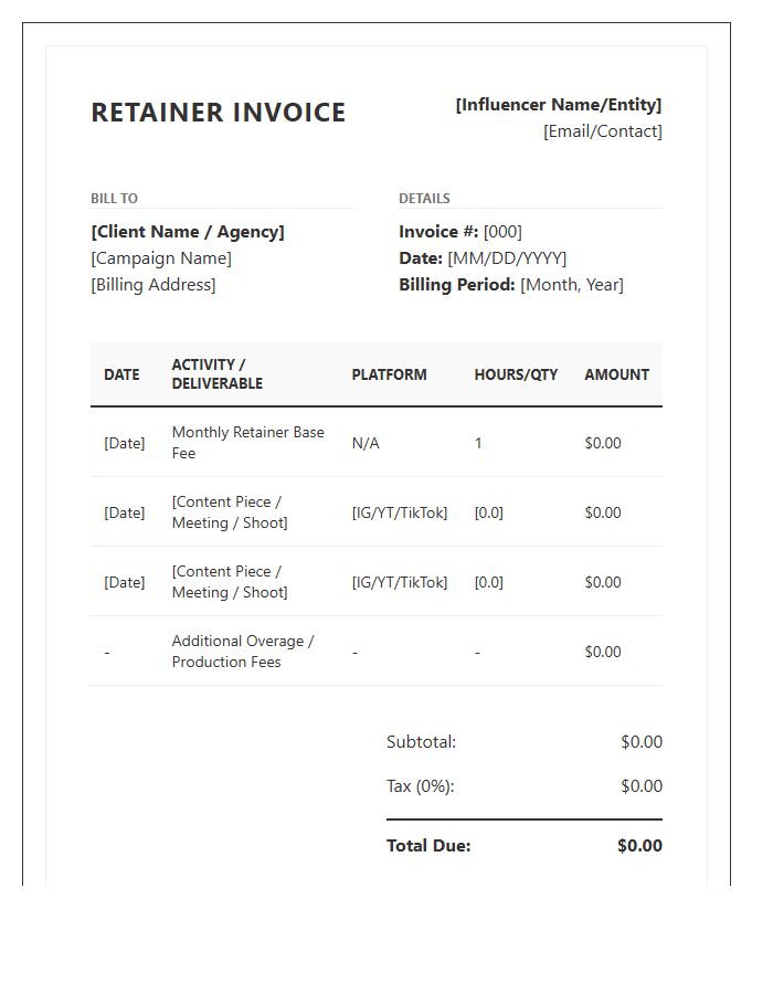 Influencer Marketing Retainer Timesheet Invoice Template