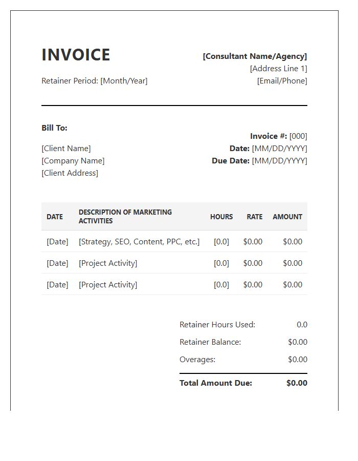 Marketing Consultant Hourly Retainer Timesheet Invoice Template