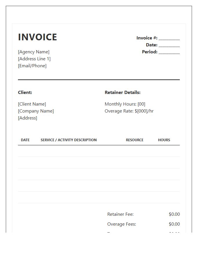 Monthly Marketing Agency Retainer Timesheet Invoice Template