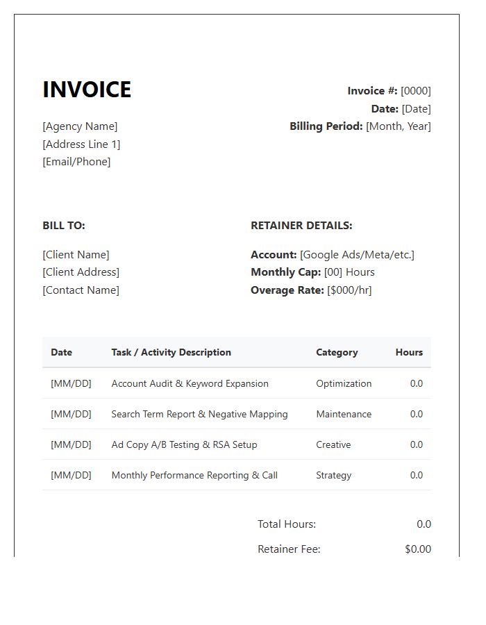 Paid Search Agency Retainer Timesheet Invoice Template
