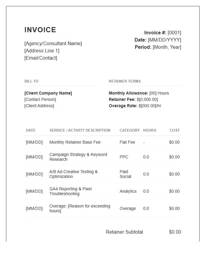 Performance Marketing Retainer Timesheet Invoice Template