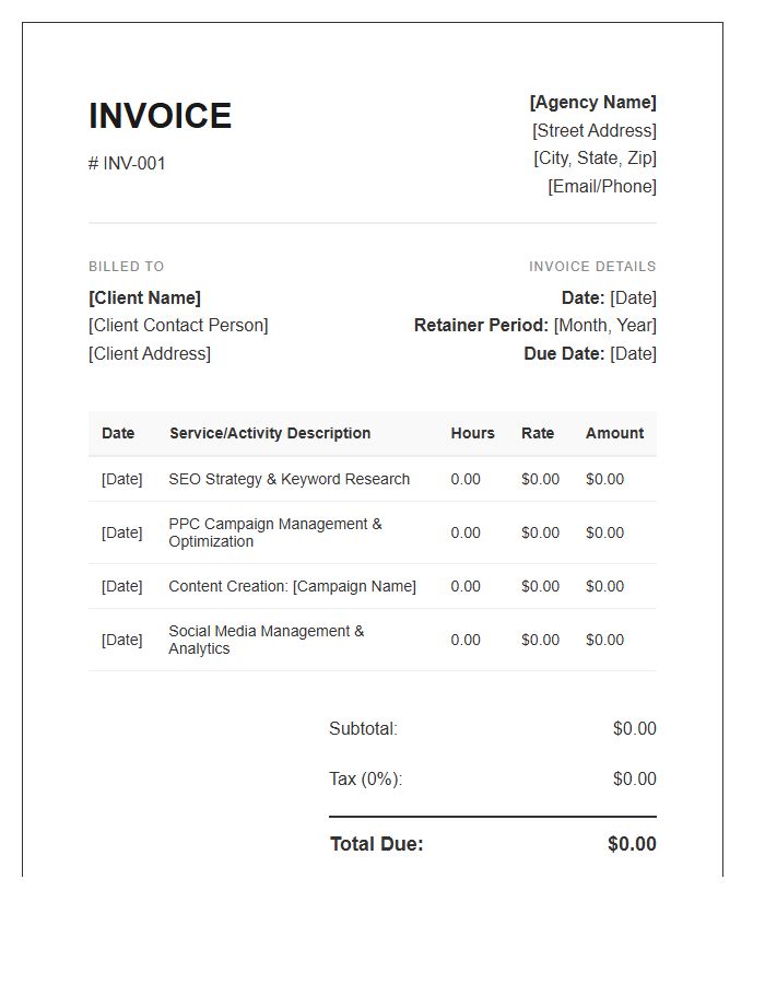 Professional Digital Marketing Retainer Timesheet Invoice Template