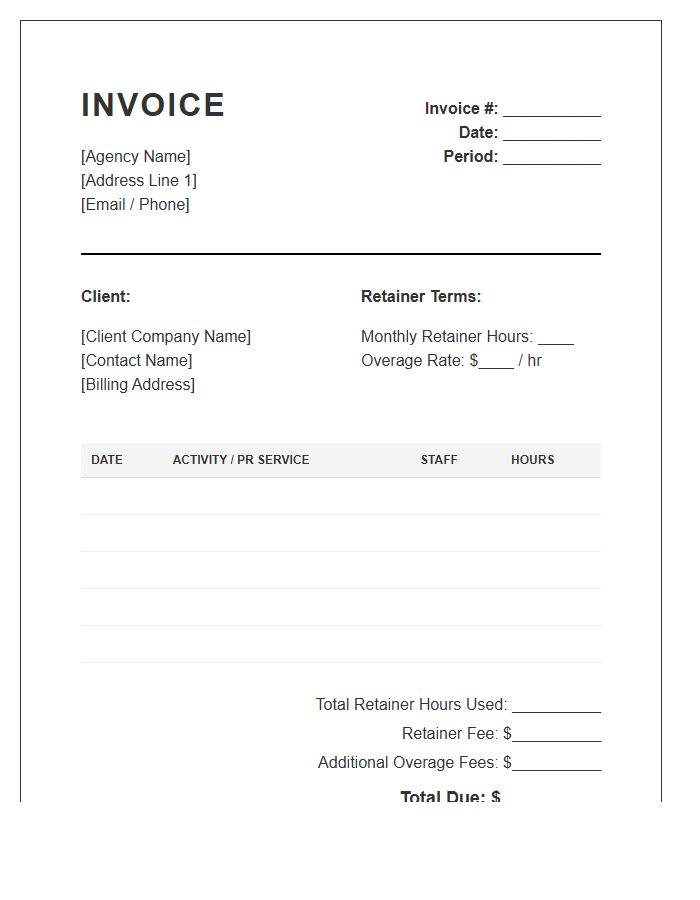Public Relations Agency Retainer Timesheet Invoice Template