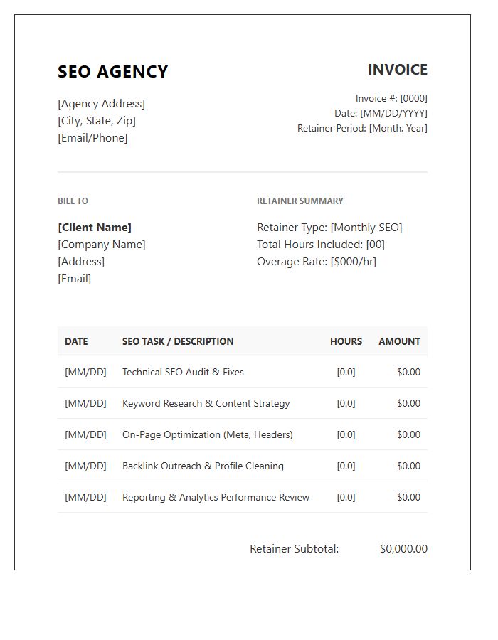 Search Engine Optimization Agency Retainer Timesheet Invoice Template