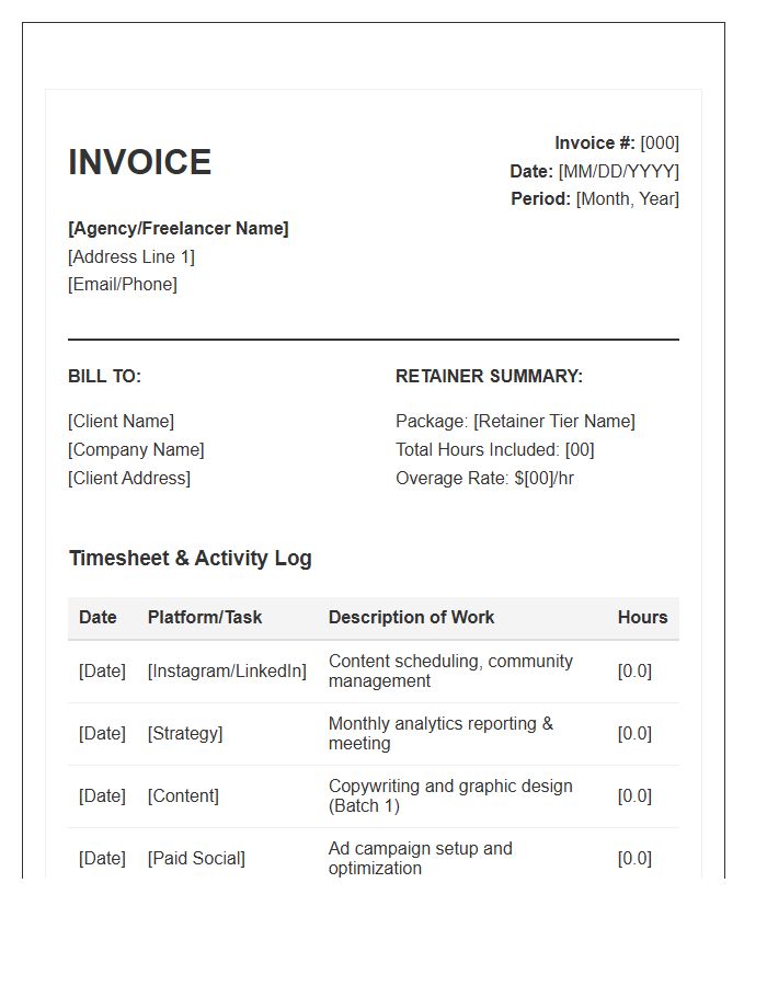 Social Media Management Retainer Timesheet Invoice Template