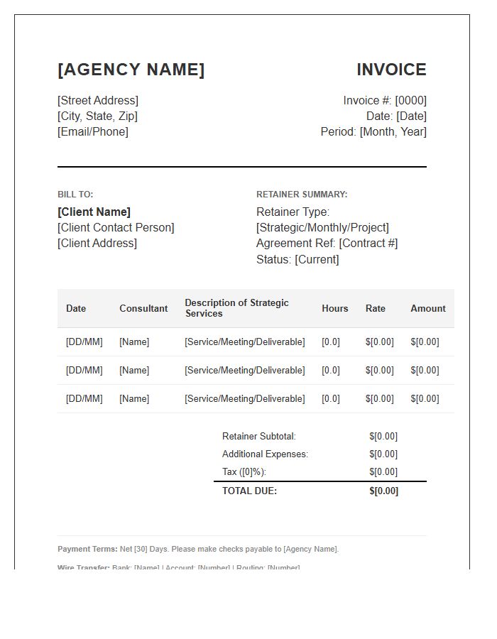 Strategic Consulting Agency Retainer Timesheet Invoice Template
