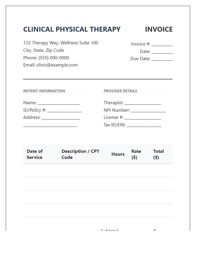 Clinical Physical Therapy Hourly Invoice Template