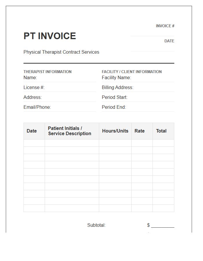 Contract Physical Therapist Timesheet Invoice Template