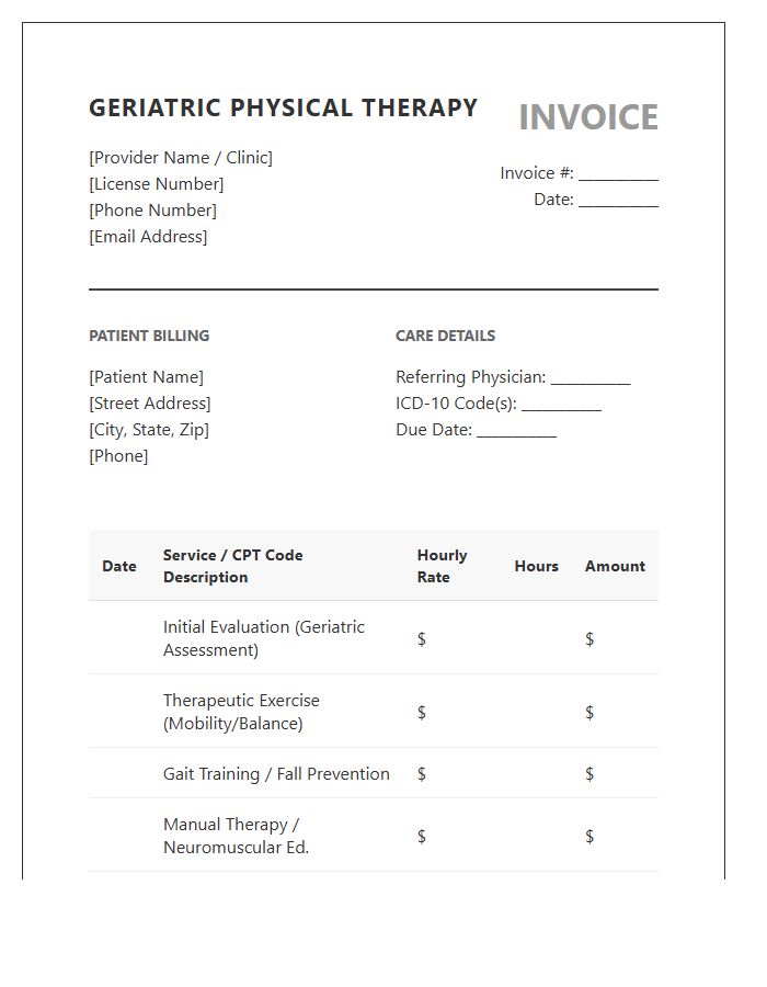 Geriatric Physical Therapy Hourly Invoice Template
