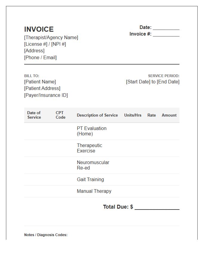 Home Health Physical Therapy Invoice Template