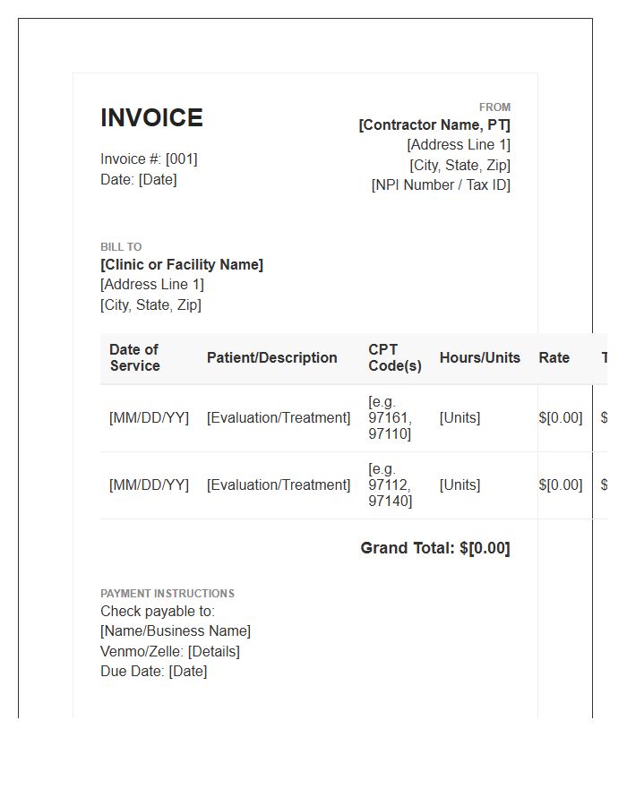 Independent Contractor Physical Therapy Invoice Template