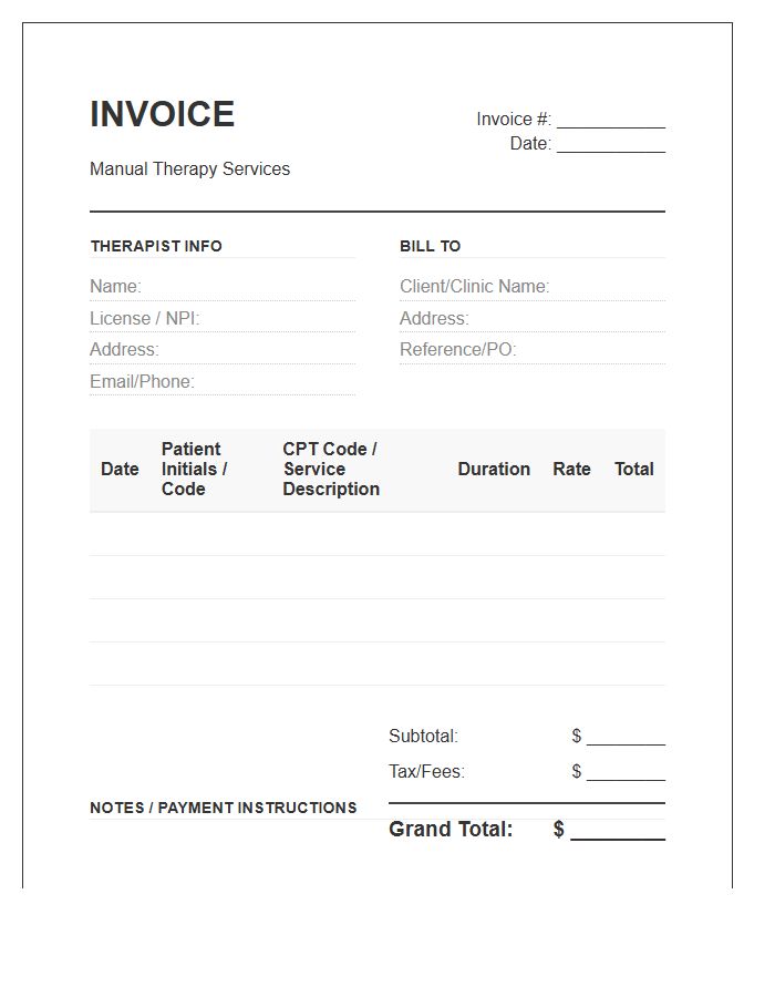 Manual Therapy Timesheet Invoice Template