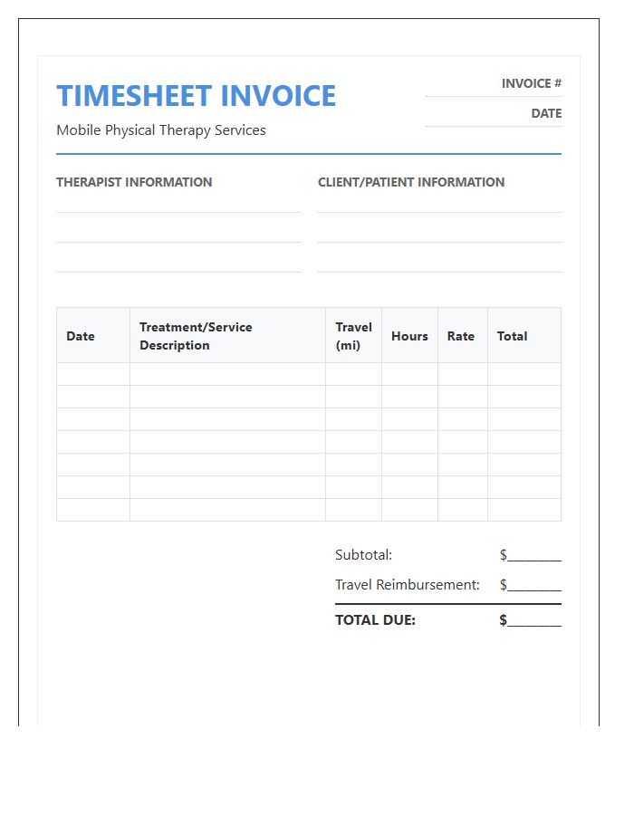 Mobile Physical Therapy Timesheet Invoice Template
